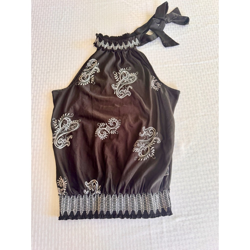 Boho Paisley Embroidered Halter Top Brown Smocked Y2K Blouse Large